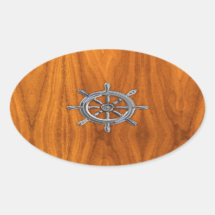 Nautical Wheel auf Teak Veneer Ovaler Aufkleber