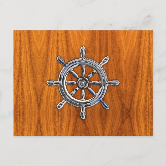 Nautical Wheel auf Teak Veneer Postkarte (Vorderseite)