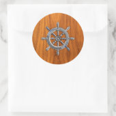 Nautical Wheel auf Teak Veneer Runder Aufkleber (Tasche)
