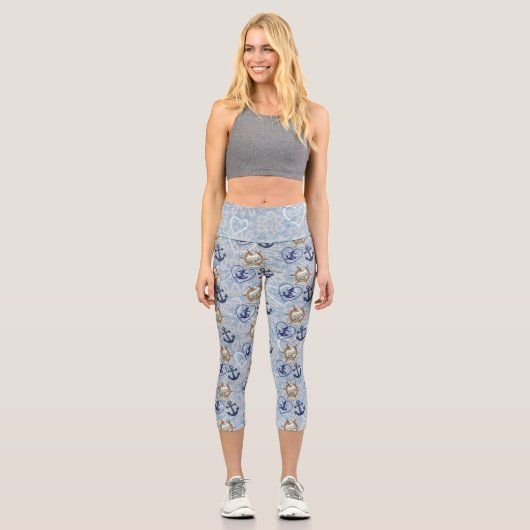 Nautical Wheel Ship Anchor Sea Sober Print Blue Capri Leggings