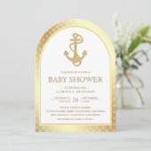 Nautical White and Gold Anchor Arch Baby Dusche Einladung (Stehend Vorderseite)