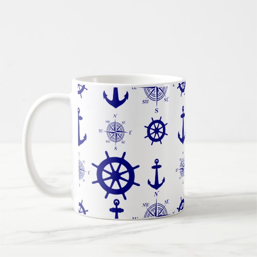 Nautical White Blue Sailing Pattern an der Küste Kaffeetasse (Links)