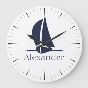 Nautical White sailboat Navy blue Coastal Monogram Große Wanduhr