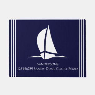 Nautical White Sailboat Navy Blue Coasty Monogram Fußmatte