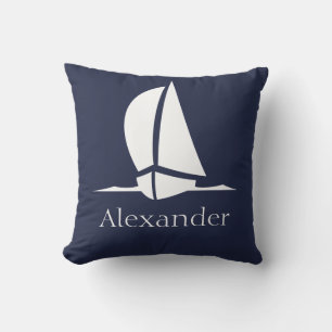 Nautical White Sailboat Navy Blue Coasty Monogram Kissen