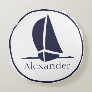 Nautical White Sailboat Navy Blue Coasty Monogram Rundes Kissen