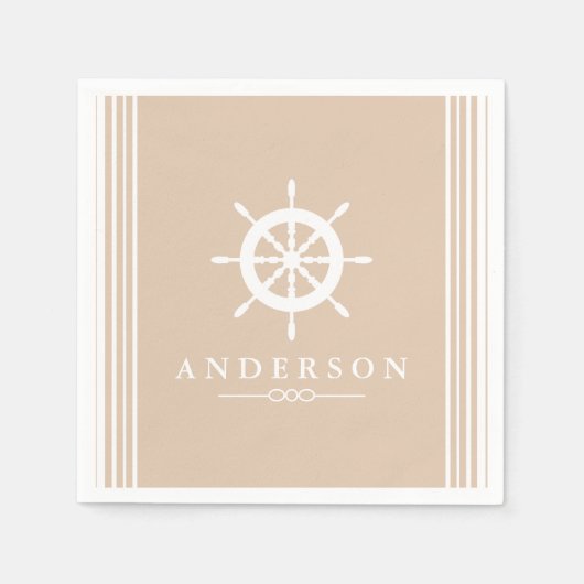 Nautical White Ship Helm & Taupe Serviette (Vorderseite)