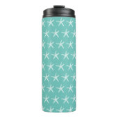 Nautical White Starfish Patterns Beach Aquamarin B Thermosbecher (Vorderseite)