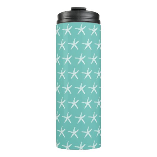 Nautical White Starfish Patterns Beach Aquamarin B Thermosbecher (Vorderseite)