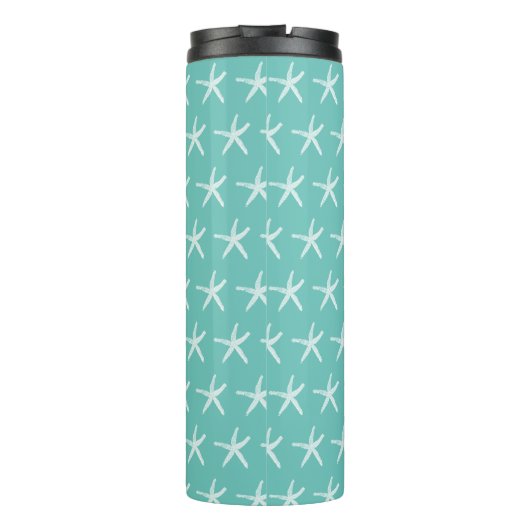 Nautical White Starfish Patterns Beach Aquamarin B Thermosbecher (Rückseite)