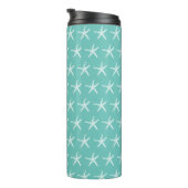 Nautical White Starfish Patterns Beach Aquamarin B Thermosbecher (Nach rechts gedreht)