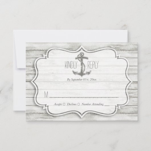 Nautical Whitewusal Wood Beach Wedding Collection RSVP Karte (Vorderseite)