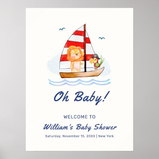 Nautical Wild Lion Sailboat Babydusche Willkommen Poster (Vorne)