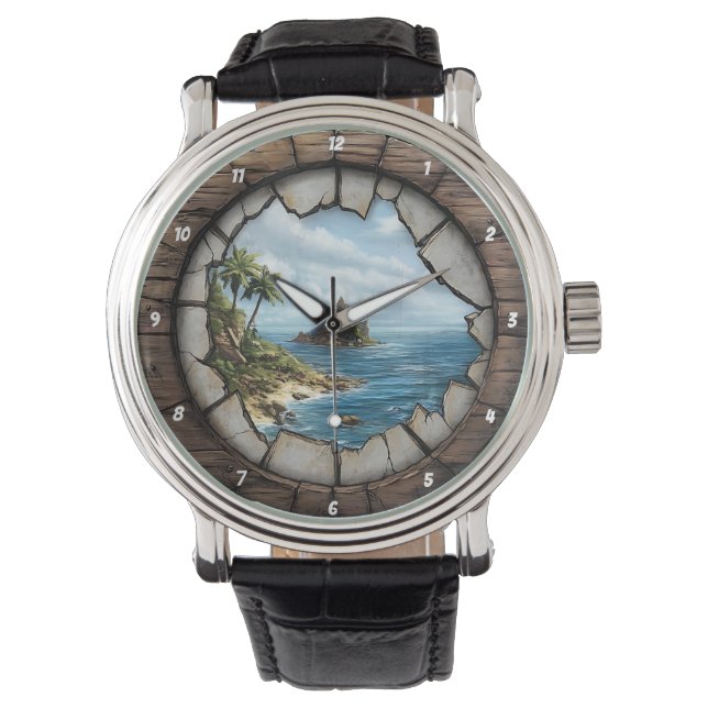 Nautical Window Island Escape Rustic Coastal Armbanduhr (Vorderseite)