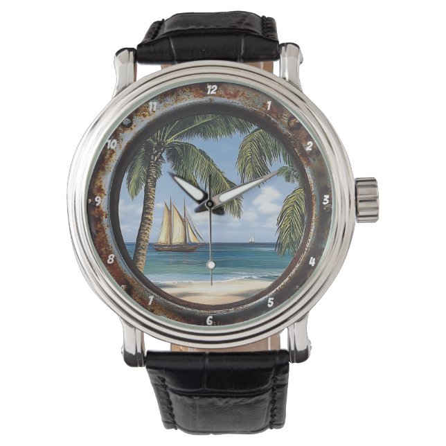 Nautical Window Rustic Tropical Sailboat Armbanduhr (Vorderseite)
