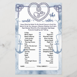 Nautical Would She Rather Game Bridal Shower card Flyer