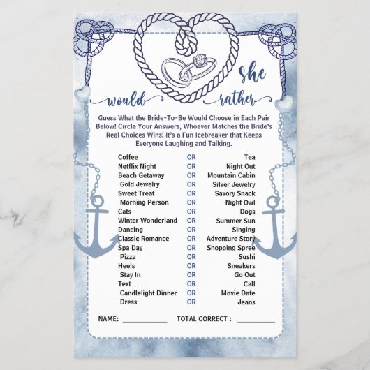 Nautical Would She Rather Game Bridal Shower card Flyer (Vorne)