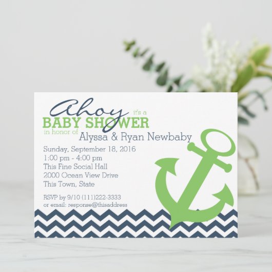Nautical Zigzag Anchor Babydusche Einladung (Stehend Vorderseite)