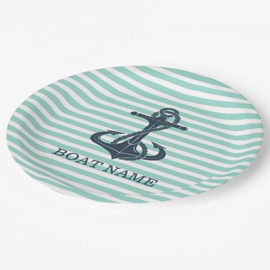Nautik, Anker, Minze grüne Streifen Pappteller (Schrägansicht)