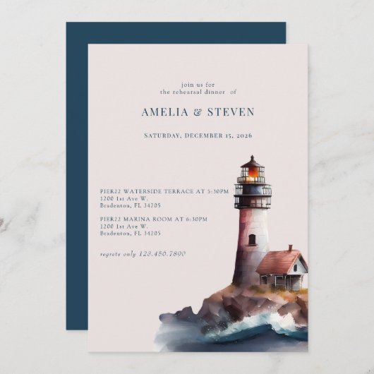 Nautik, Leuchtturm | Meer | Abendessen Probe Einladung (Vorne/Hinten)