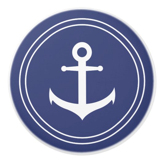 Nautik| Weißer Anker im Dunkelblauen Kreis Keramikknauf (Vorderseite)