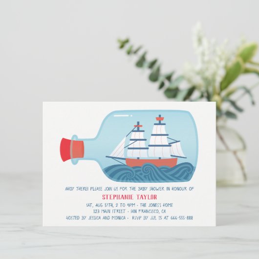 Nautikschiff in einer Flasche Babydusche Einladung (Stehend Vorderseite)
