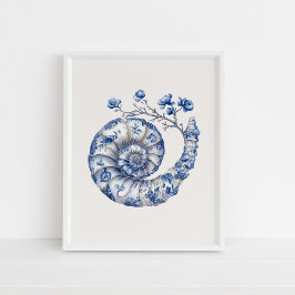 Nautilus Muschel - Coastal Blue on Beige Wall Art Poster