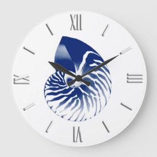 Nautilus-Muschel - Marineblau und -WEISS Große Wanduhr