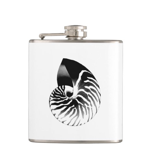 Nautilus-Muschel - schwarz, grau und weiß Flachmann (Vorderseite)