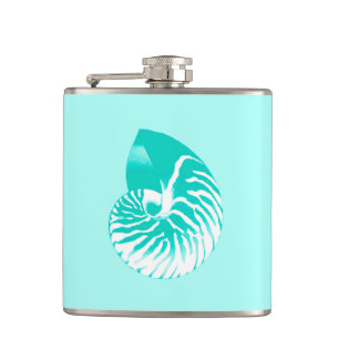 Nautilus-Muschel - Türkis, Aqua und Weiß Flachmann