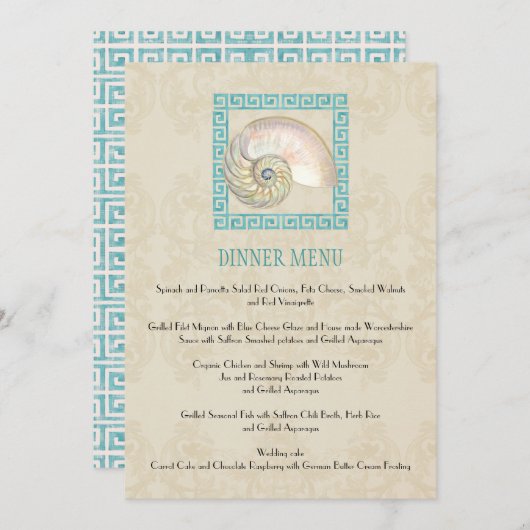 Nautilus Muschel Wasserfarbe Griechischer Schlüsse Menükarte (Vorne/Hinten)