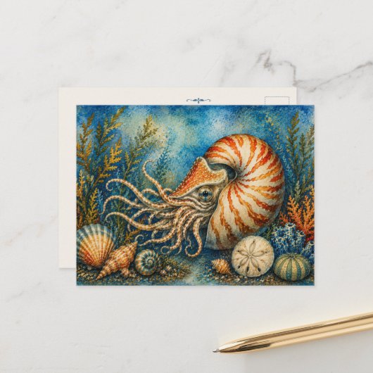 Nautilus-Ozean-Aquarell inspirierte Postkarte (Vorderseite/Rückseite Beispiel)