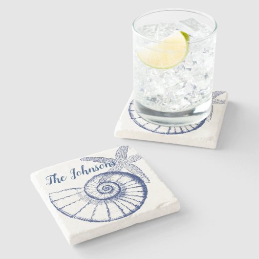 Nautilus Seashell & Starfish Marine Life Custom Steinuntersetzer (Seitenansicht)