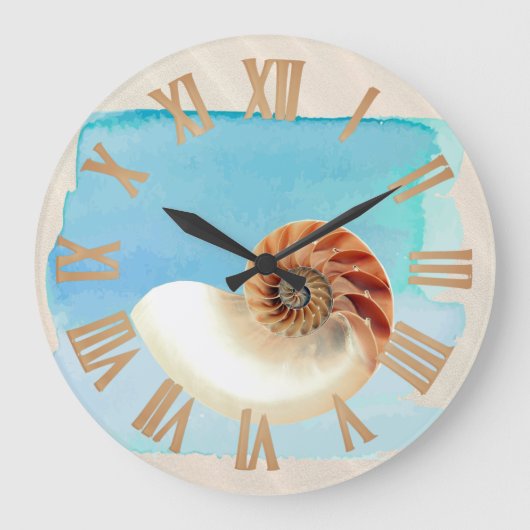 Nautilus Seashell und Sand Große Wanduhr (Vorderseite)