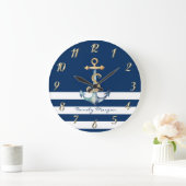 Nautisch, Aquarellfarben Anker Navy Blau Streifen Große Wanduhr (Zuhause)