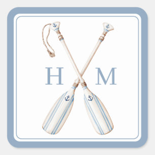 Nautisch Blau-Weiß gestreifte Boot Ruder Monogramm Quadratischer Aufkleber