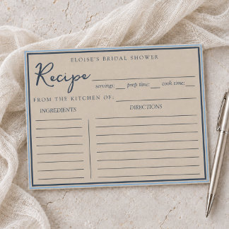 Nautisch-blaue Hochzeitsdusche-Rezeptkarte im Prep