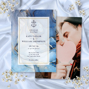 Nautisch Blaue und Gold Achat Anker Hochzeitsfoto Einladung