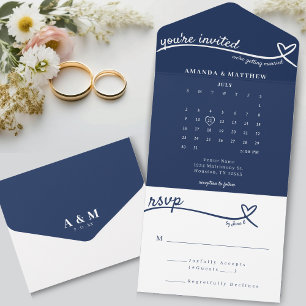 Nautisch Blaues Herz Monogramm-Kalender Hochzeit  All In One Einladung
