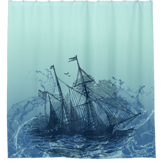 Nautisch - blaues Schiff Duschvorhang (Vorderseite)