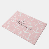 Nautisch erröten rosa u. weißes Ankermuster Fußmatte (Schrägansicht)