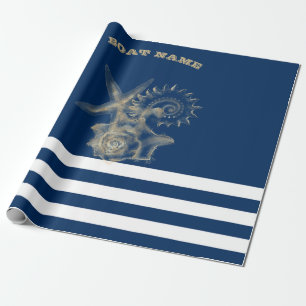 Nautisch, Goldene Muscheln Marineblaue Streifen Geschenkpapier