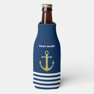 Nautisch, Goldener Anker Navy Blau Gestreift Flaschenkühler