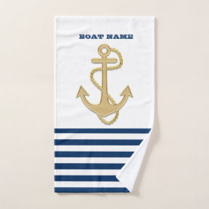 Nautisch, Goldener Anker Navy Blau Weiße Streifen Badhandtuch Set
