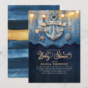 Nautisch Marineblau und Gold Anker Baby Shower Einladung