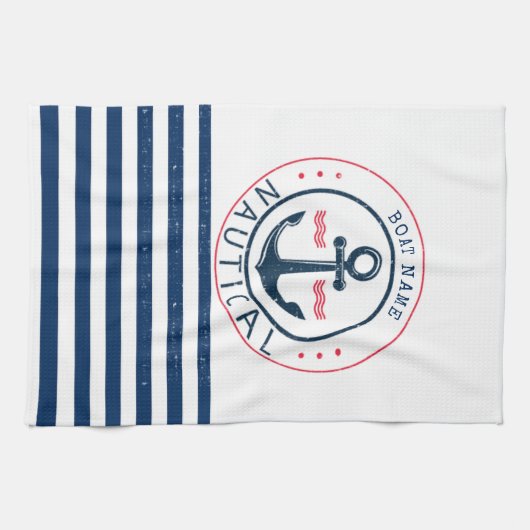 nautisch, Schiffsname, Anker Blaue Streifen Geschirrtuch (Horizontal)
