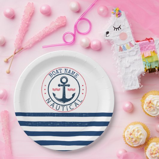 nautisch, Schiffsname, Anker Blaue Streifen Pappteller (Party)