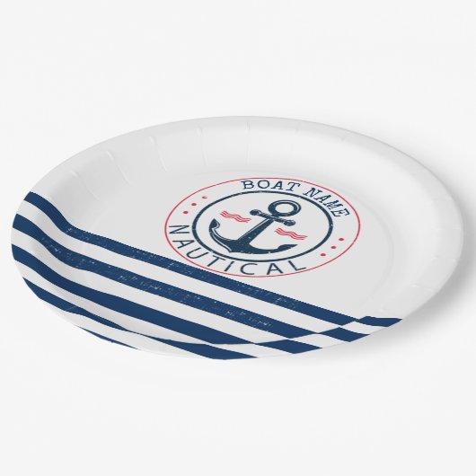 nautisch, Schiffsname, Anker Blaue Streifen Pappteller (Schrägansicht)