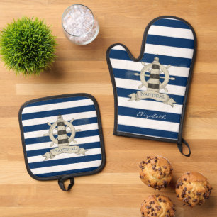 Nautisch,Schiffsrad,Blau-Weiß-Gestreift Ofenhandschuh & Topflappen-Set