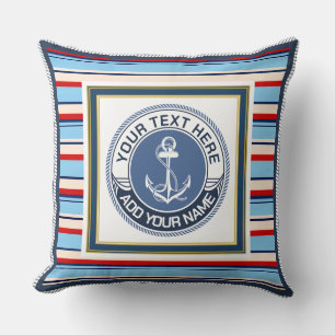 Nautische Anker-Blau-, Rot- und Creme-Gestreift Kissen